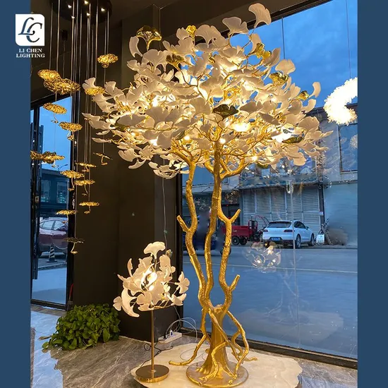 Custom Project Indoor Decoration Hotel Villa Ceramics Plastic LED Ginkgo Floor Light 